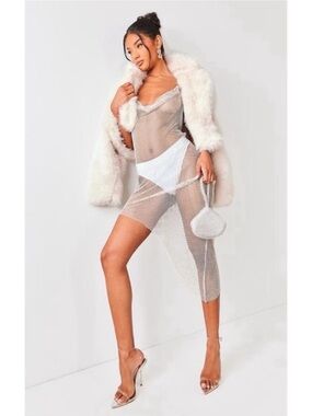 PrettyLittleThing White Rhinestone Mesh Dress w/ Silver Chain Straps | Size L